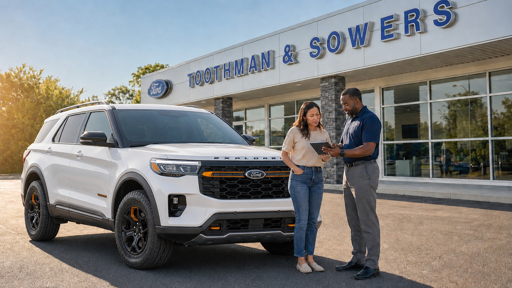 Customer reviewing financing information with a T&S Ford representative beside a white 2026 Ford Explorer Tremor