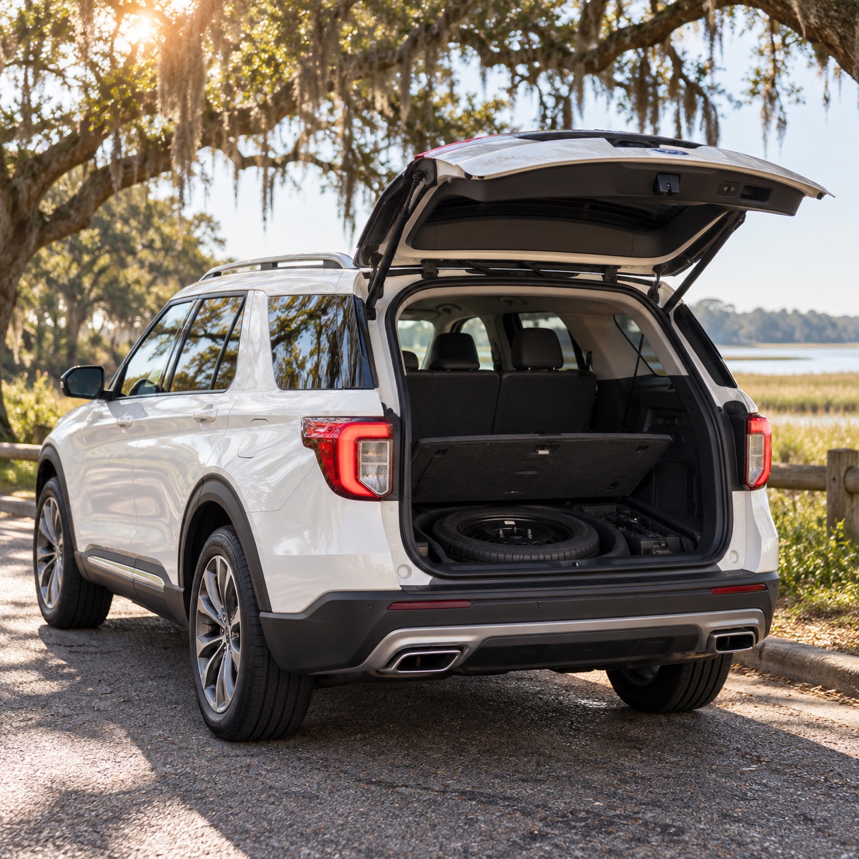 White 2026 Ford Explorer with rear liftgate open, showing the spare tire compartment in a Savannah, Georgia coastal setting.