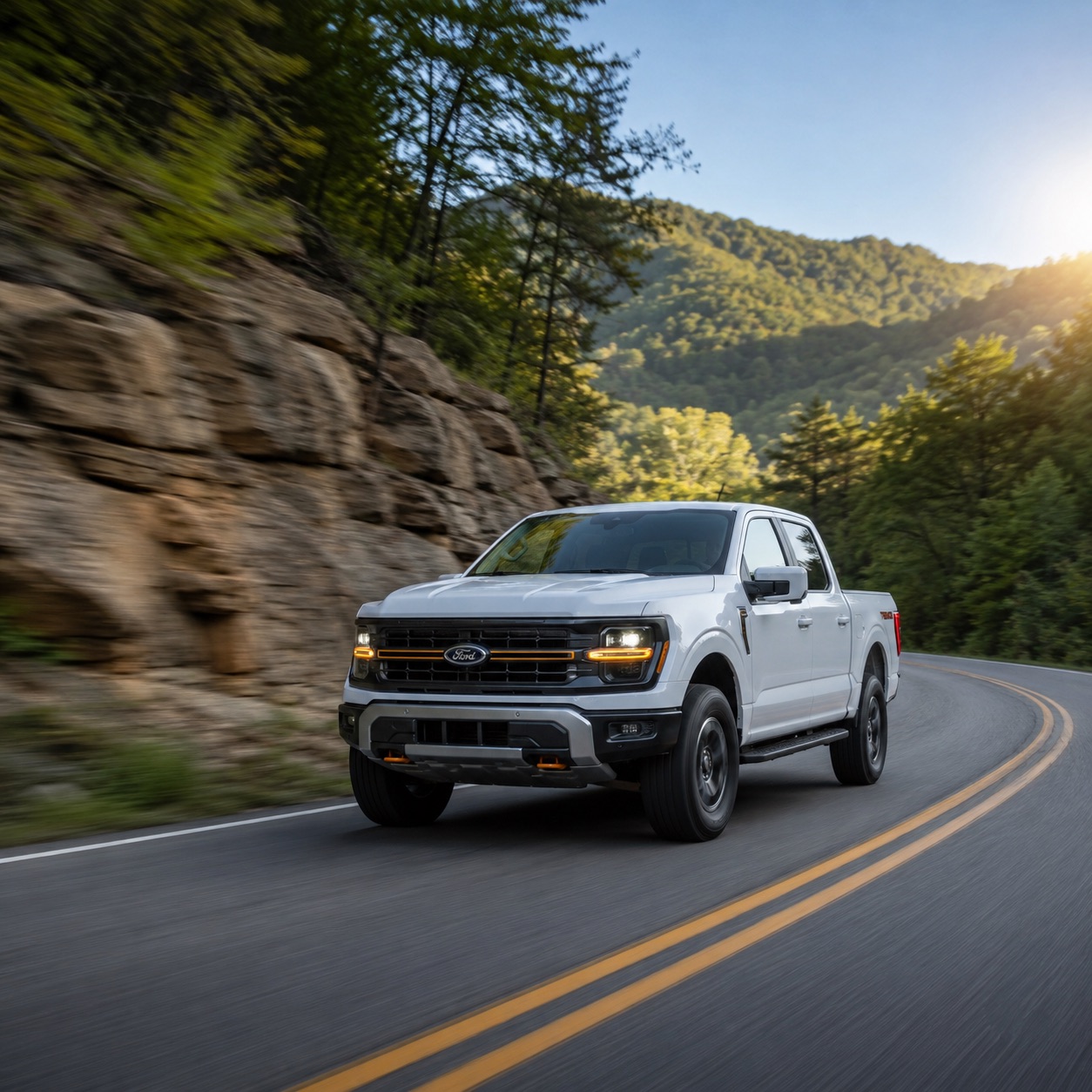 White 2026 Ford F-150 Tremor driving on a mountain road in West Virginia