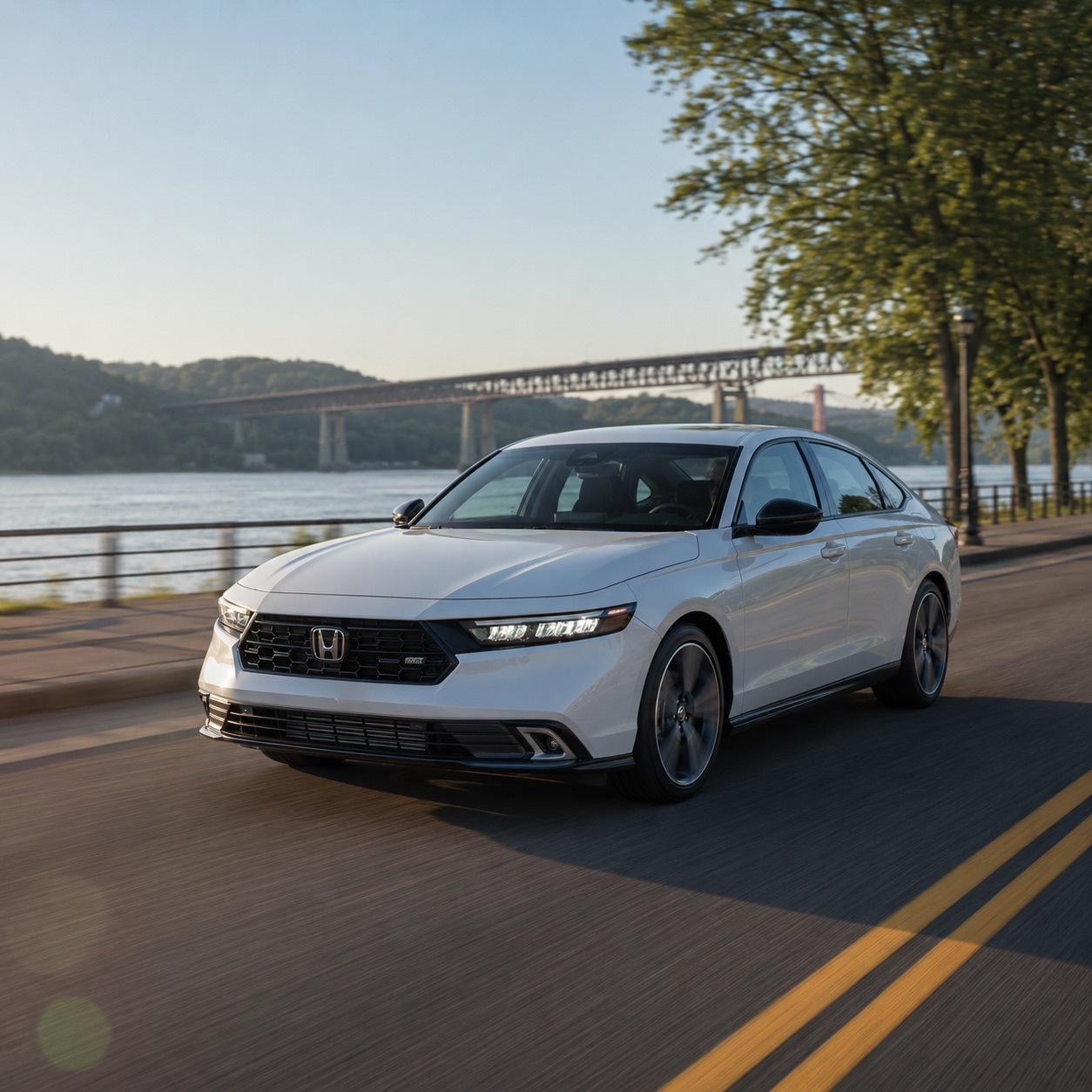White 2026 Honda Accord Sport Touring Hybrid driving along the Hudson River waterfront in Newburgh, NY, with the Newburgh-Beacon Bridge in the background