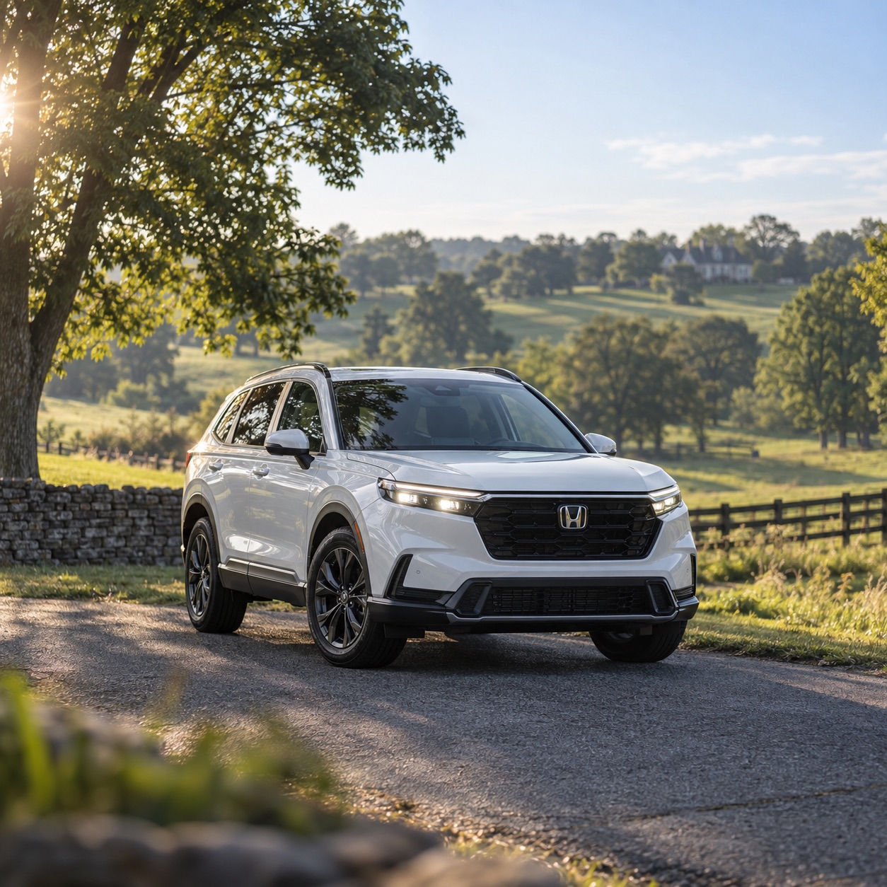 White 2026 Honda CR-V parked near Lexington Kentucky in the Bluegrass countryside