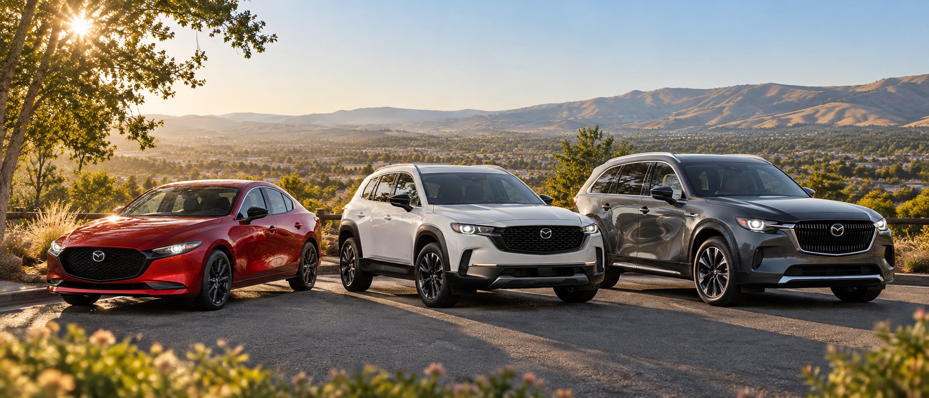 Red 2026 Mazda3 Sedan, white 2026 Mazda CX-50 Hybrid, and dark gray 2026 Mazda CX-90 PHEV parked together at a scenic Tri-Valley overlook near Dublin, California in warm morning light.