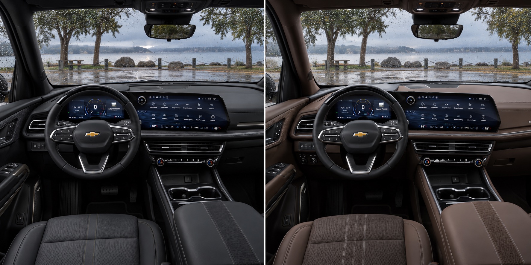 2027 Chevrolet Traverse High Country and Tahoe High Country interiors shown side by side overlooking the waterfront in Pittsburg, CA