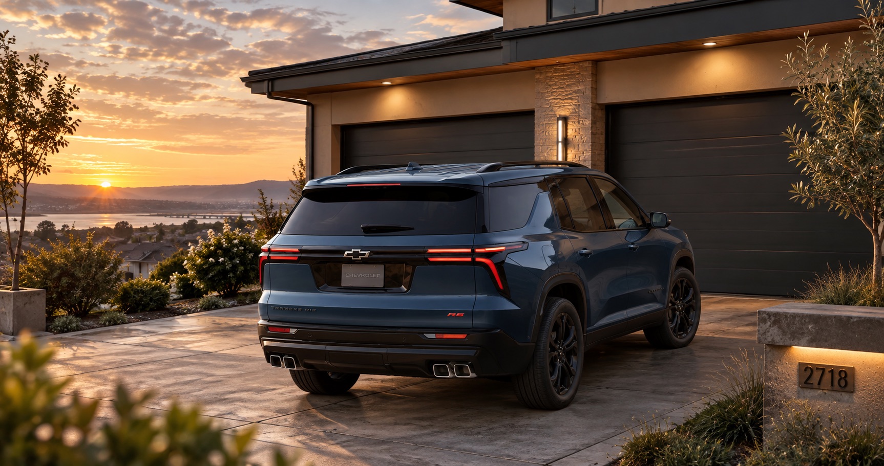 2027 Chevrolet Traverse RS parked in the driveway of a home at sunset in Pittsburg, CA