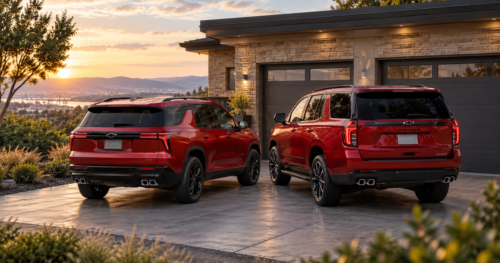 2027 Chevrolet Traverse RS and Tahoe RST parked in the driveway of a hillside home at sunset in Pittsburg, CA
