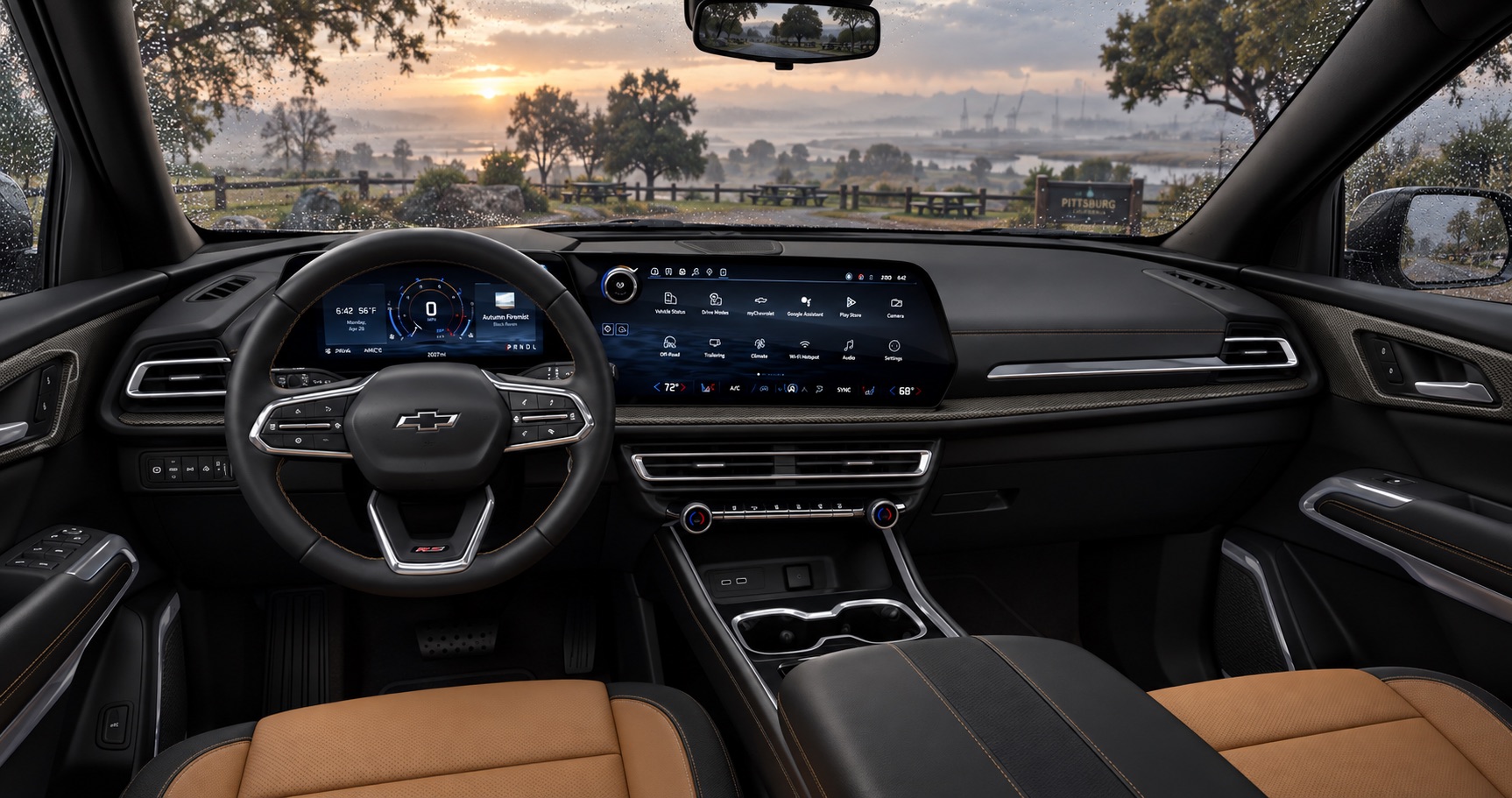 2027 Chevrolet Traverse Z71 interior with digital displays overlooking a rainy Pittsburg, CA landscape