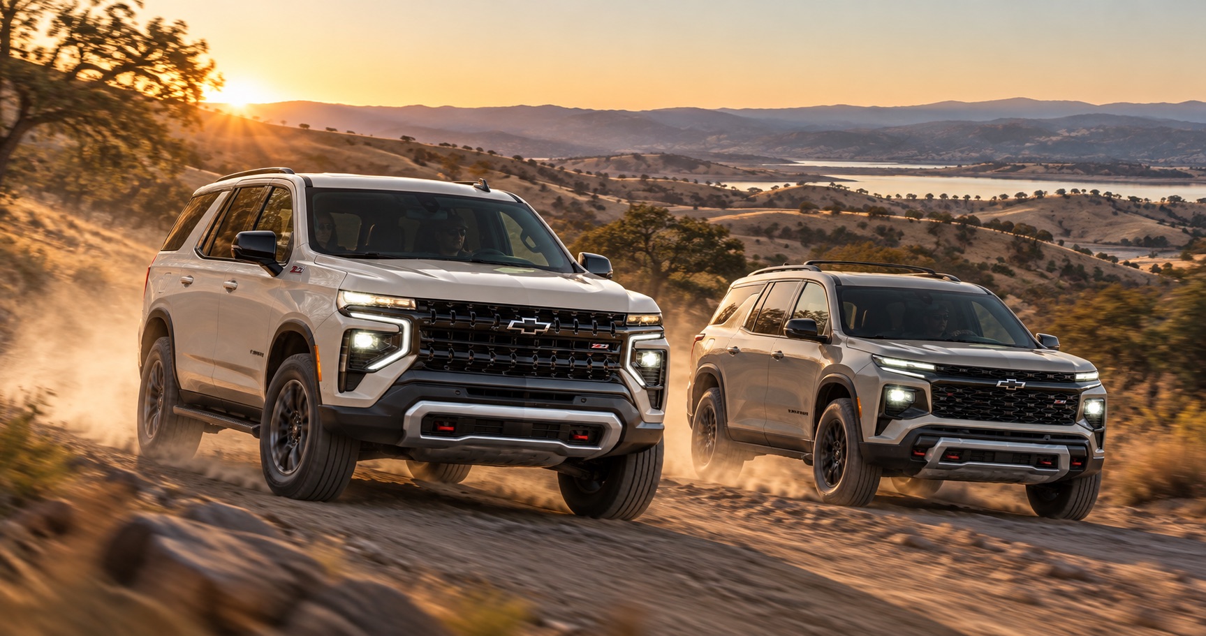 2027 Chevrolet Traverse Z71 and Tahoe Z71 driving together on a rugged dirt trail near Pittsburg, CA