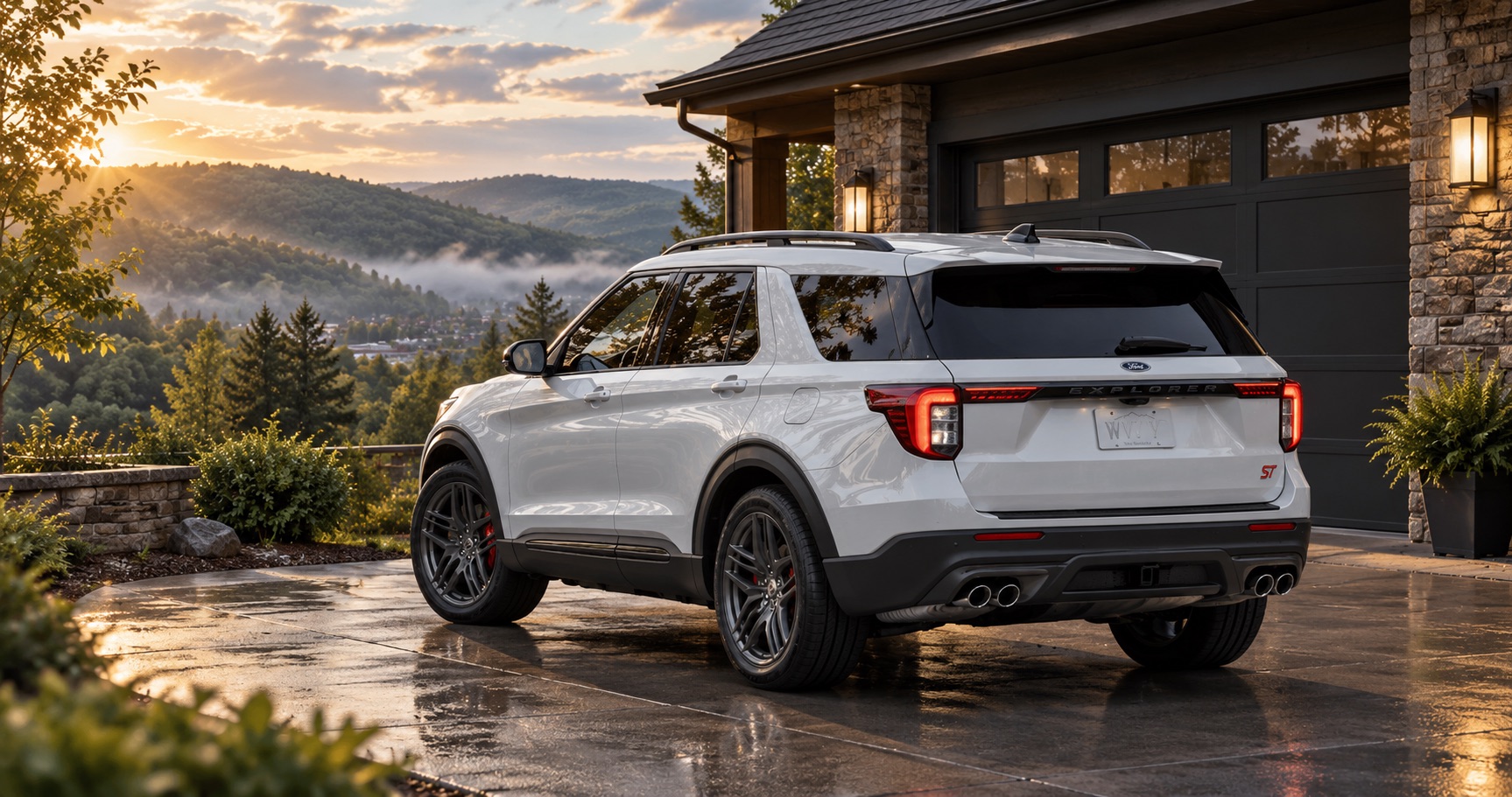 2027 Ford Explorer ST parked in a driveway overlooking White Hall, WV
