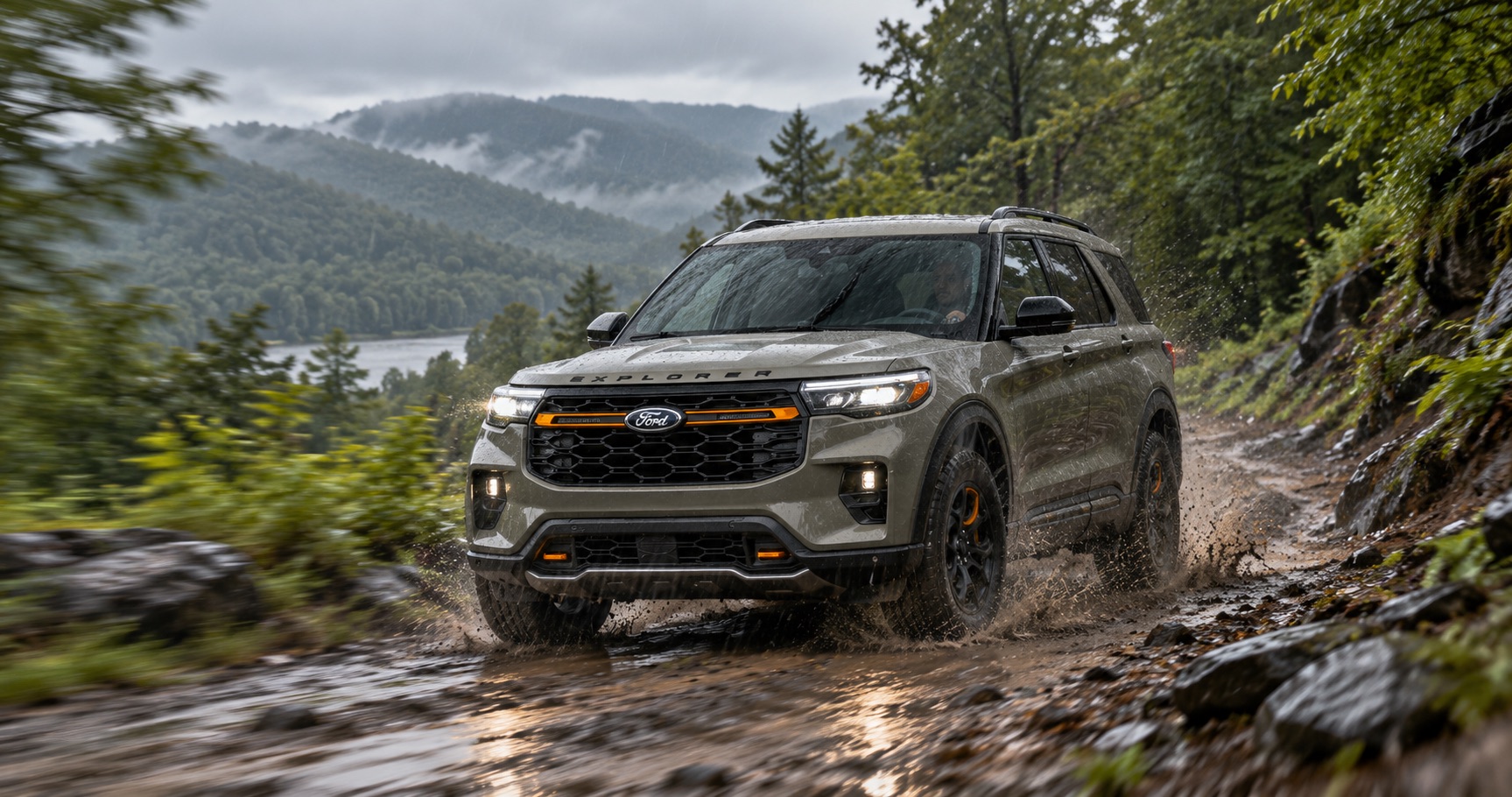 2027 Ford Explorer Tremor driving on a wet mountain trail near White Hall, WV