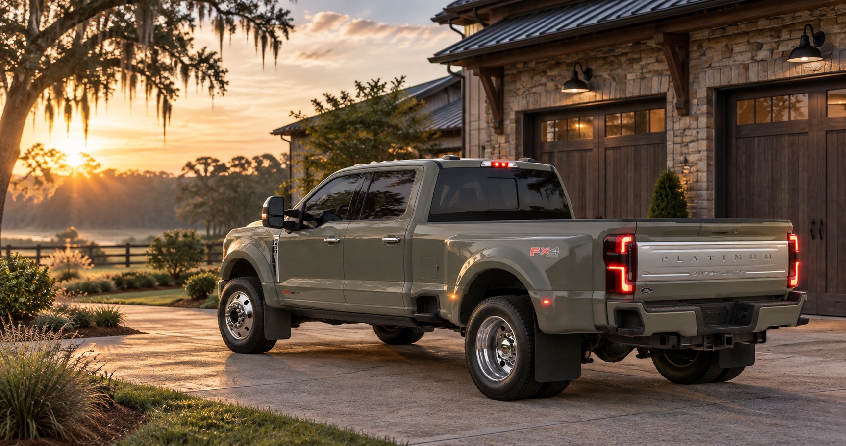 2027 Ford F-450 Platinum parked in the driveway of a waterfront home at sunset in Savannah, GA