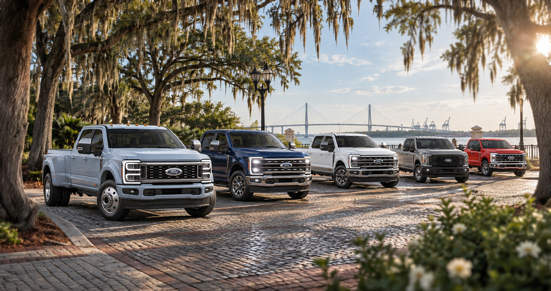 2027 Ford Super Duty trim level lineup parked along the Savannah waterfront with the bridge in the background