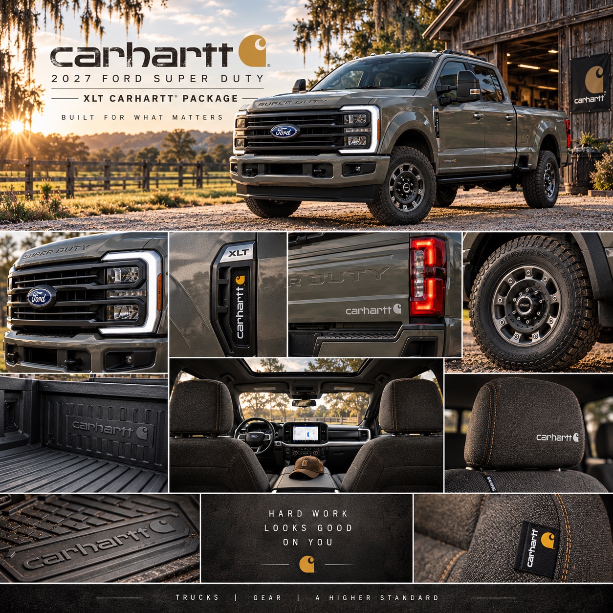 2027 Ford Super Duty XLT Carhartt Package shown with exterior, interior, wheel, bed, and Carhartt-branded detail views in Savannah, GA