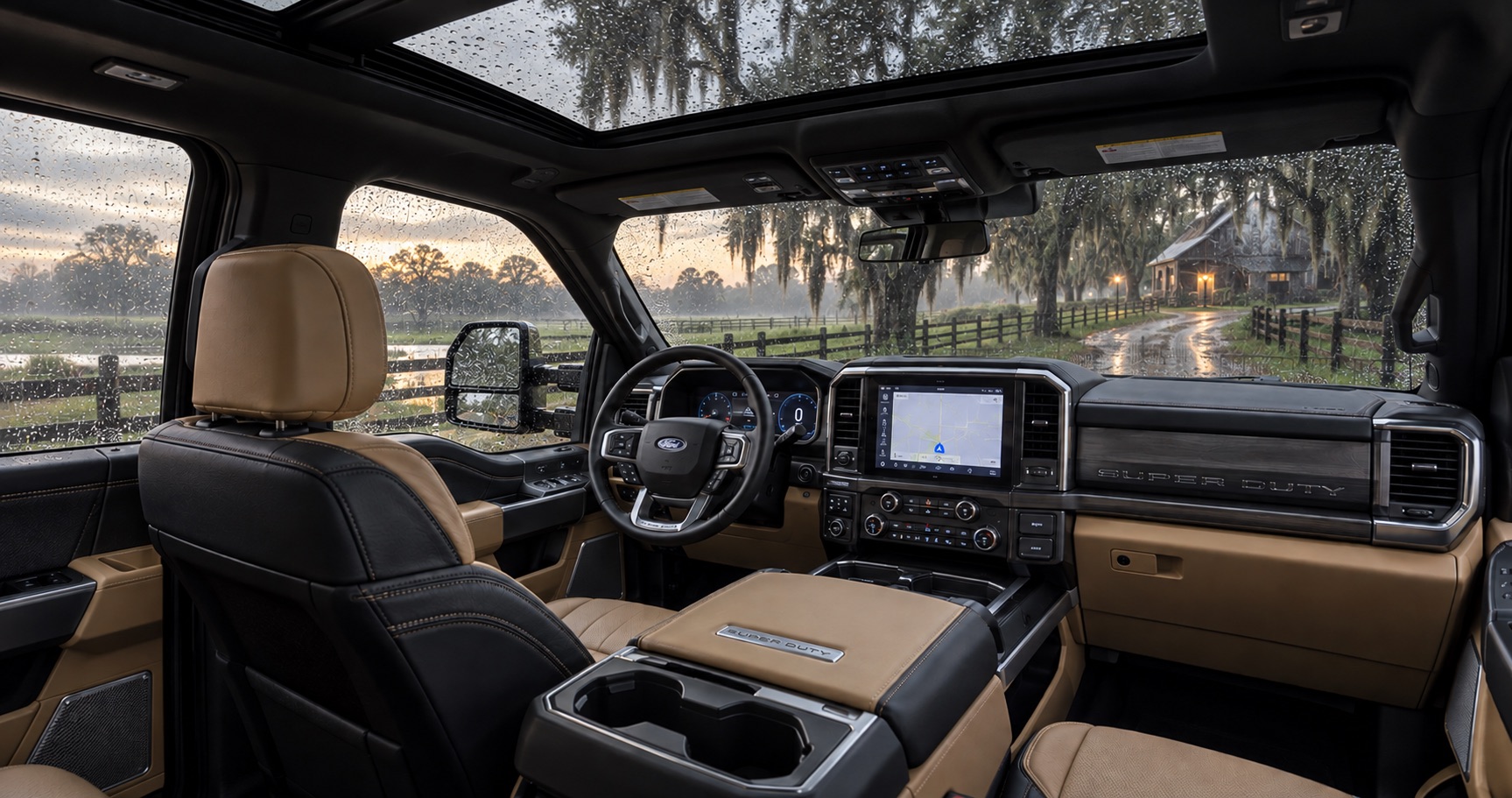 2027 Ford Super Duty interior with two-tone leather seating and a panoramic roof on a rainy day in Savannah, GA