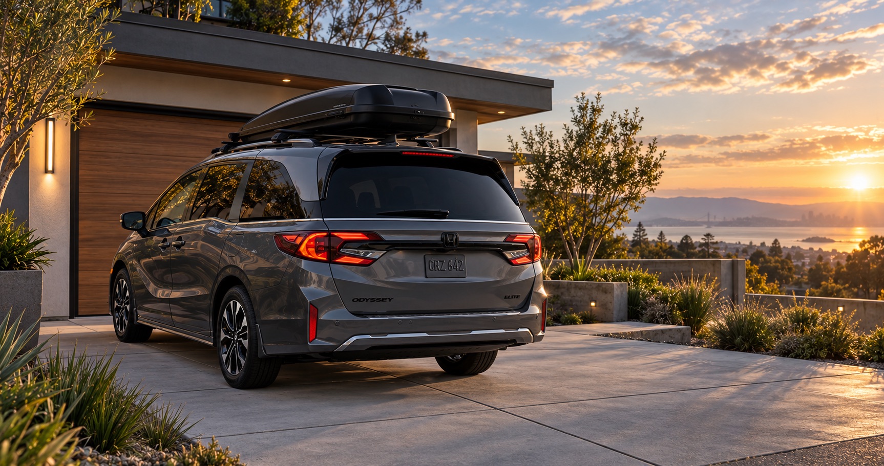 2027 Honda Odyssey Elite with a roof cargo box parked in an El Cerrito, CA driveway