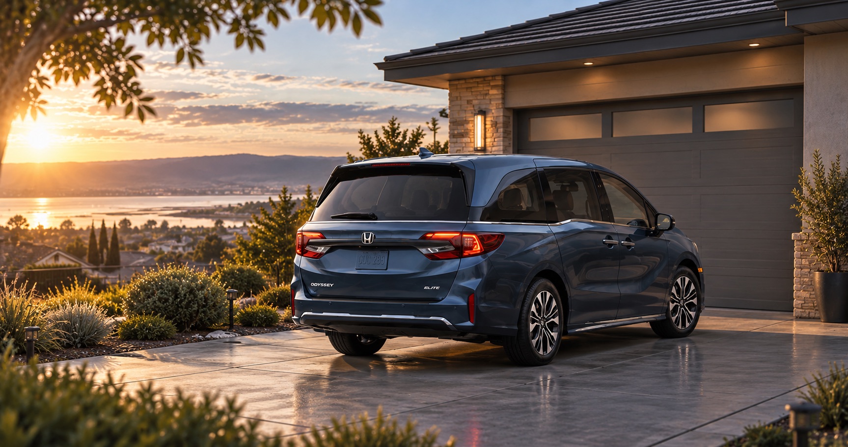 2027 Honda Odyssey Elite parked in the driveway of a home overlooking Pittsburg, CA