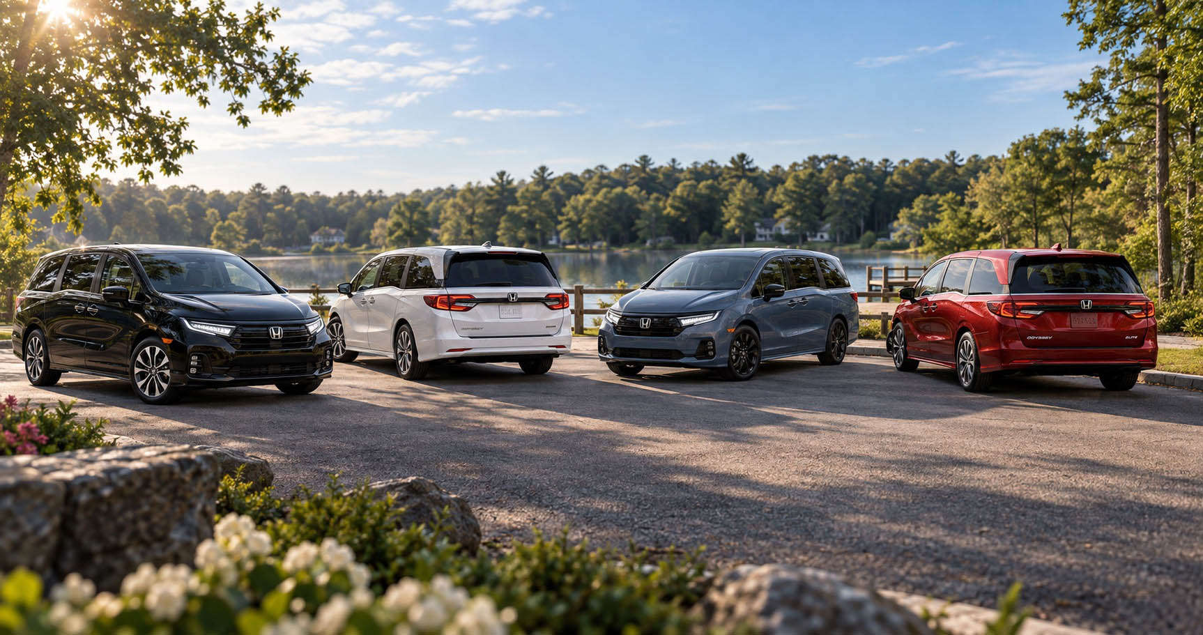 2027 Honda Odyssey trim lineup parked near a lake in Raynham, MA