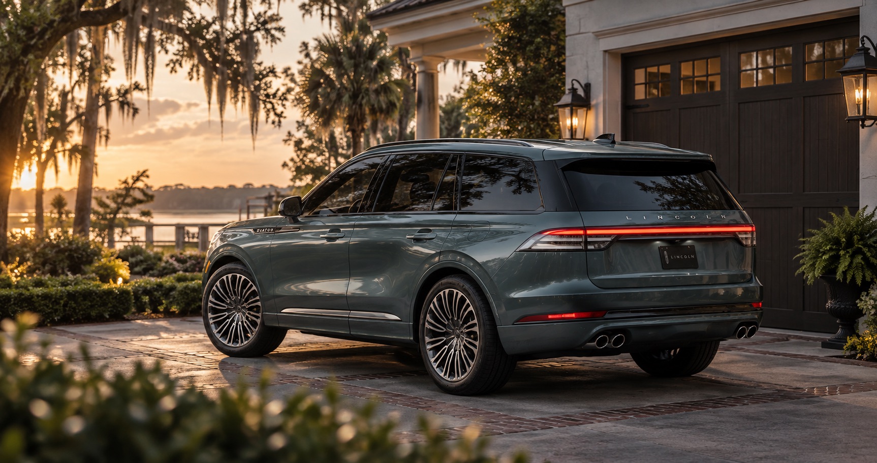 2027 Lincoln Aviator Black Label parked in the driveway of a waterfront home at sunset in Savannah, GA