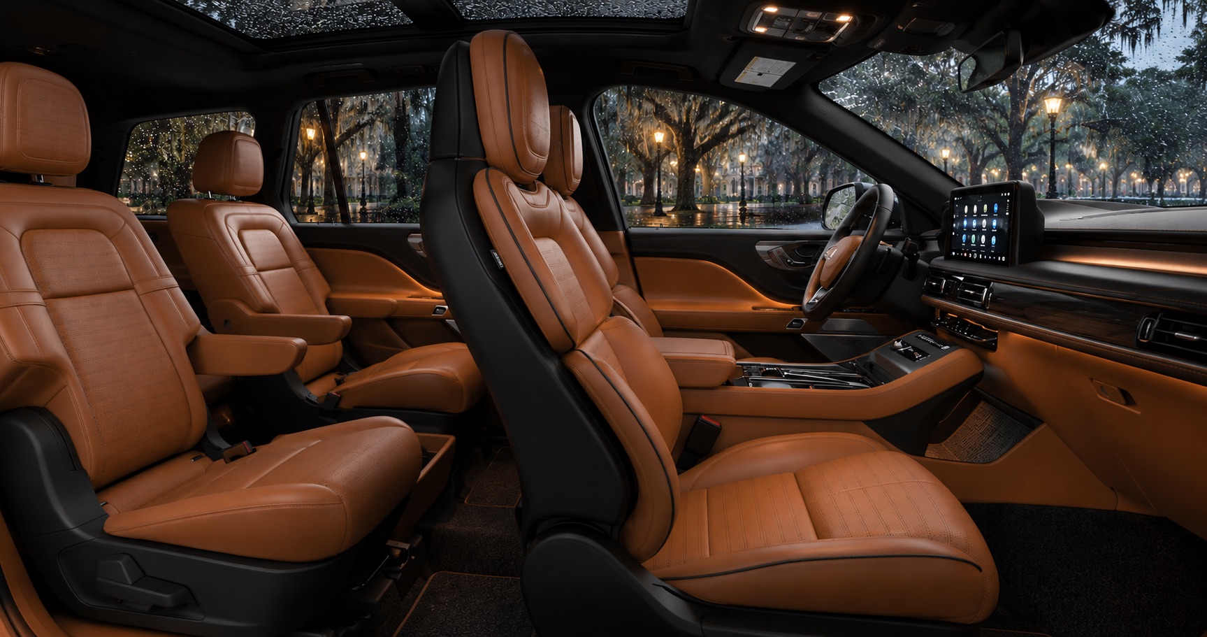 2027 Lincoln Aviator Black Label interior with brown leather seating on a rainy evening in Savannah, GA