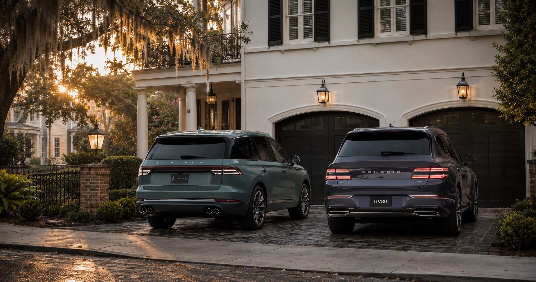 2027 Lincoln Aviator and Genesis GV80 parked in a driveway at sunset in front of a historic Savannah-area home.