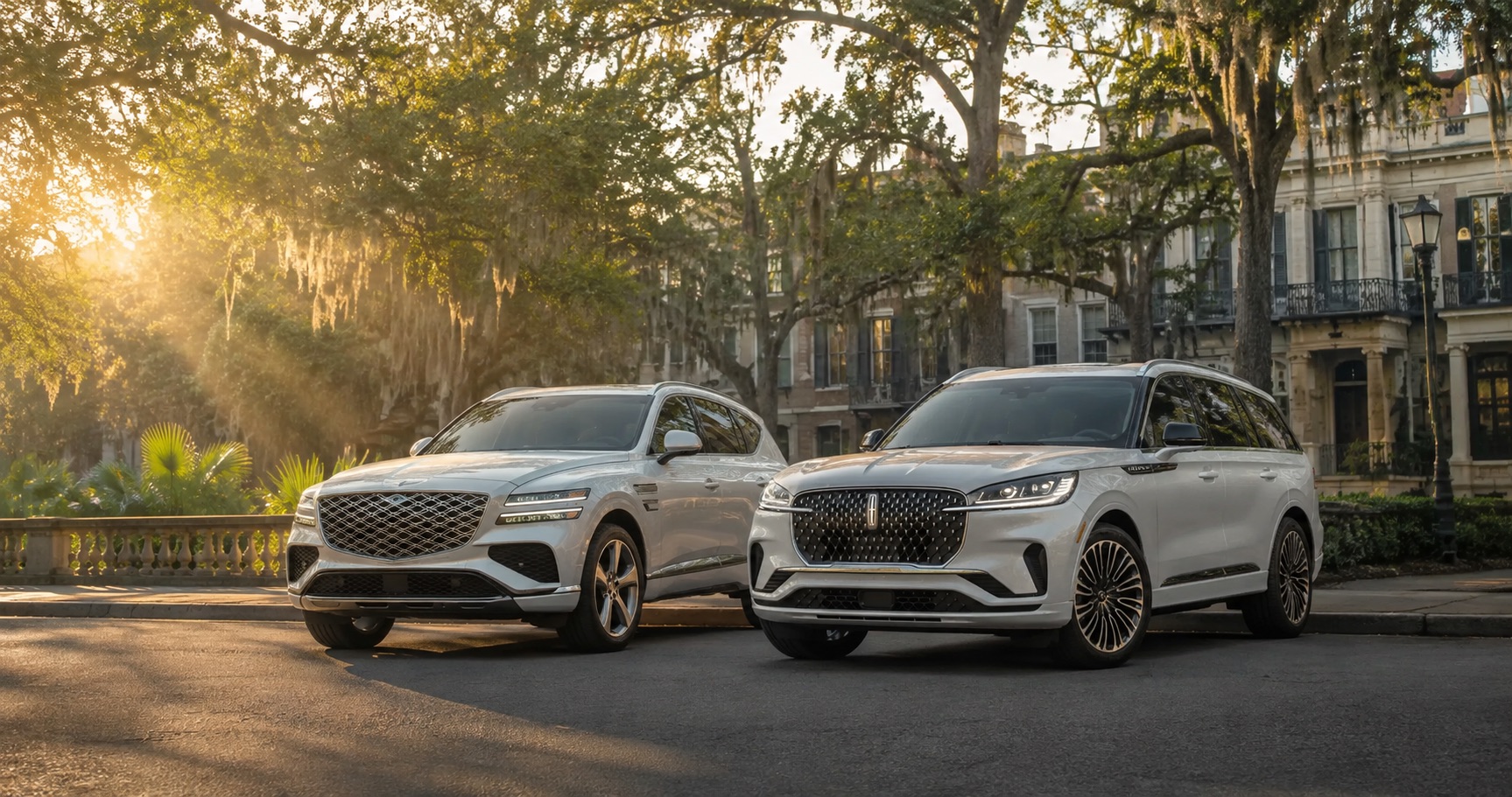 2027 Lincoln Aviator and Genesis GV80 parked side by side on a quiet Savannah-area street lined with historic homes and trees.