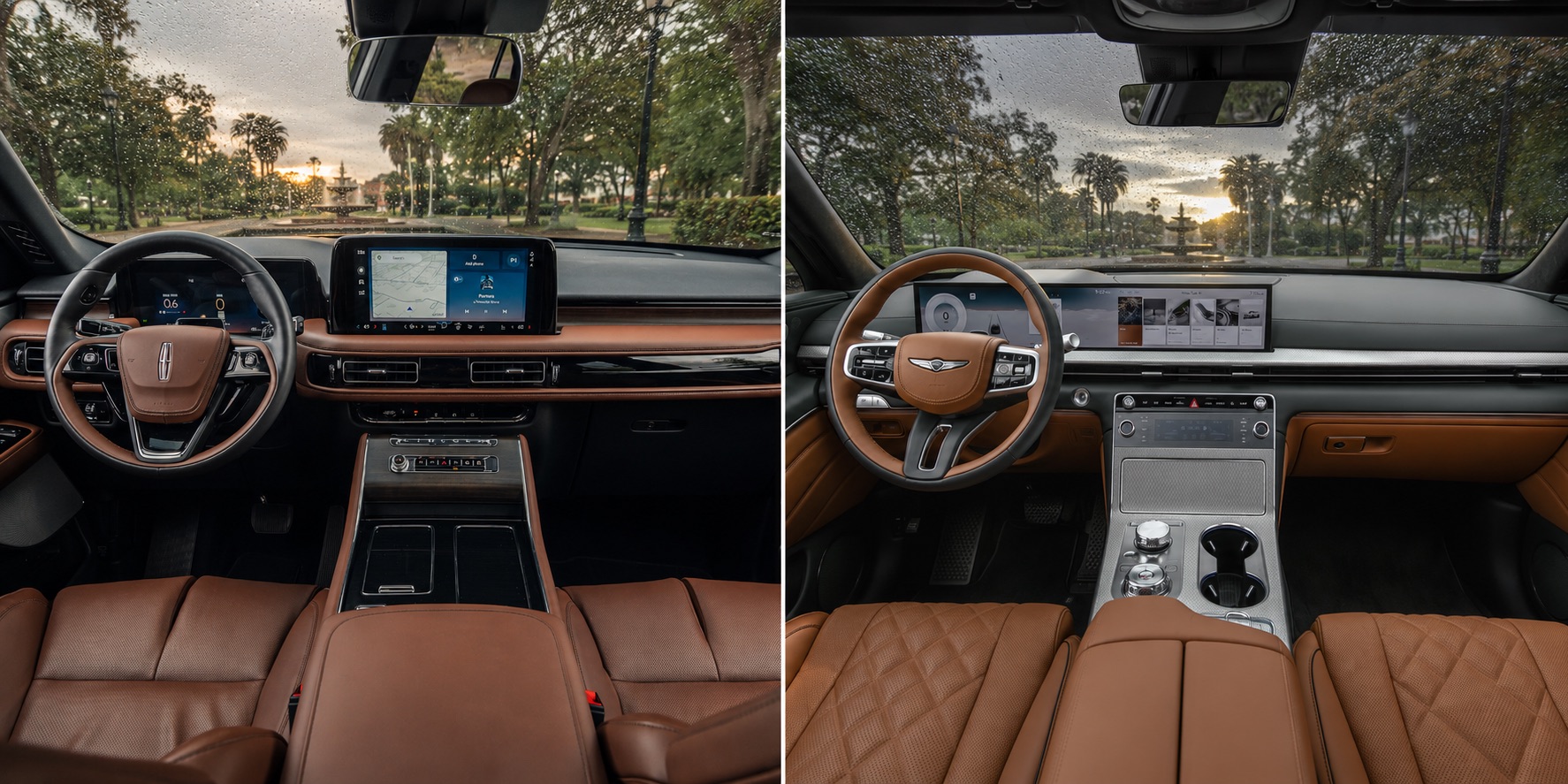 Side-by-side interior comparison of the 2027 Lincoln Aviator and Genesis GV80 with steering wheels, displays, and rain visible outside.