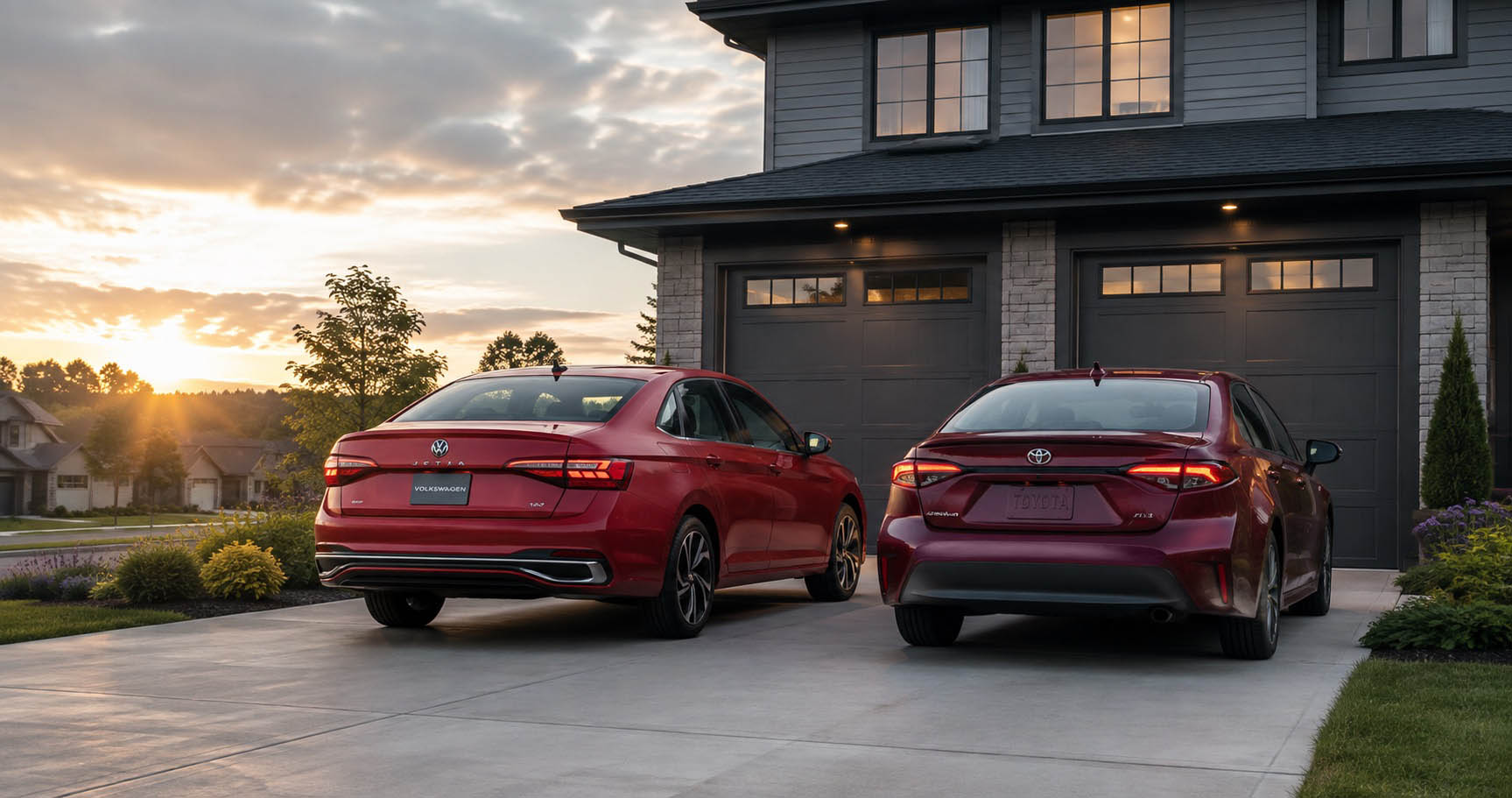 Two red 2027 Volkswagen Jetta and Toyota Corolla sedans parked side by side in a driveway at sunset in front of a suburban home.