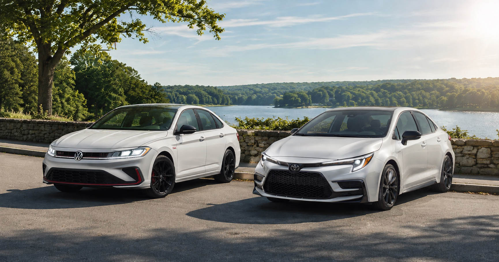 Two white 2027 Volkswagen Jetta and Toyota Corolla sedans parked near a stone wall overlooking a lake surrounded by trees and hills.