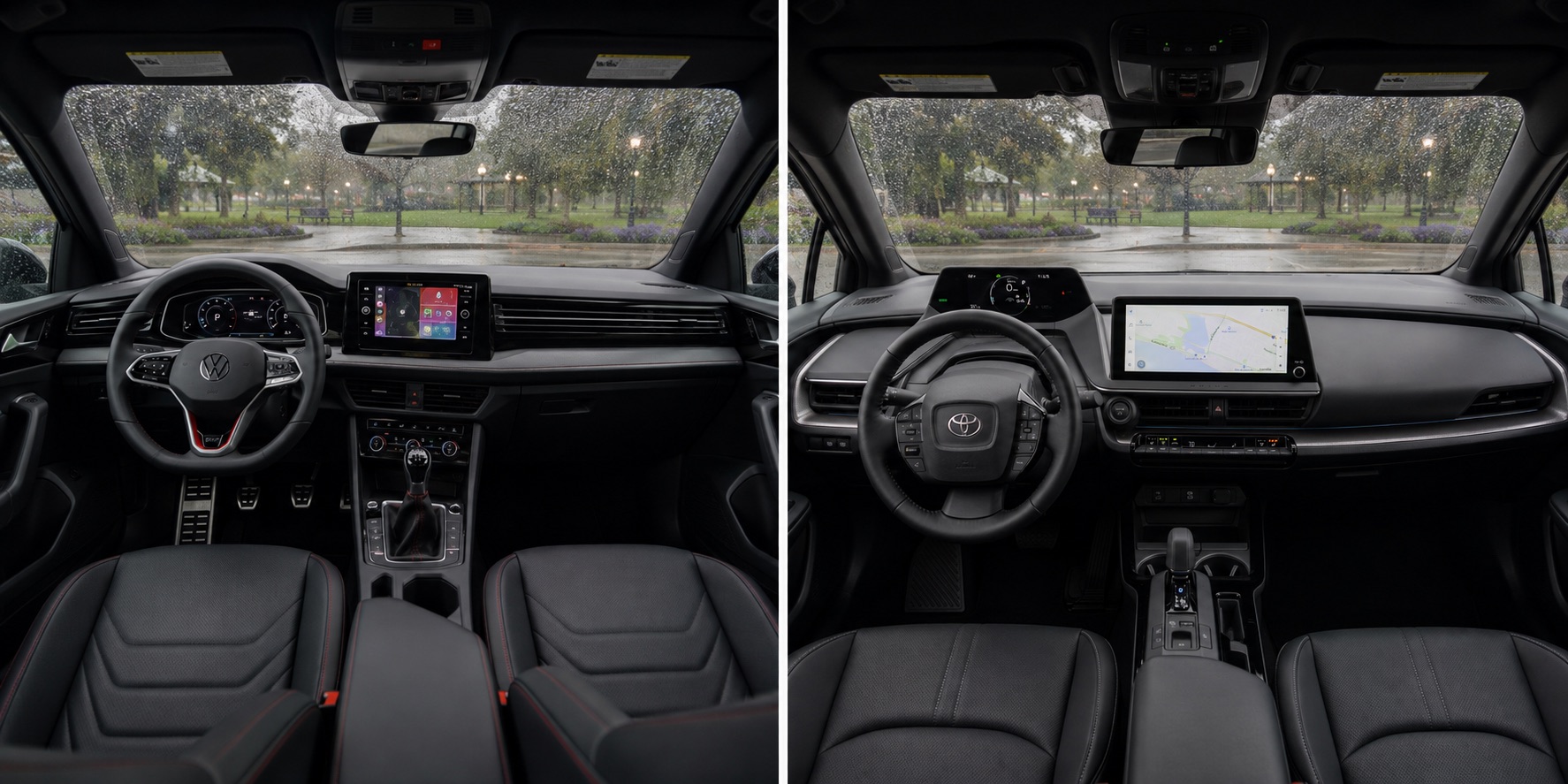 Side by side view of 2027 Volkswagen Jetta and Toyota Corolla interiors showing steering wheels and center displays with rain outside.