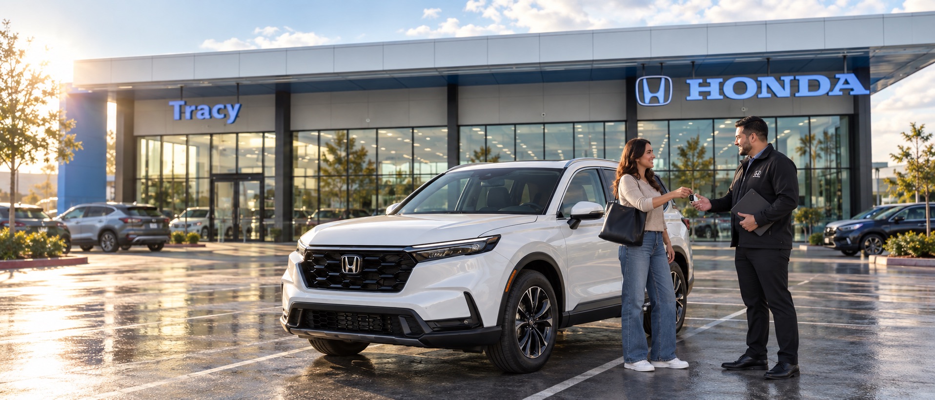 Customer returning Honda lease keys to a Tracy Honda team member beside a white Honda CR-V Hybrid outside Tracy Honda