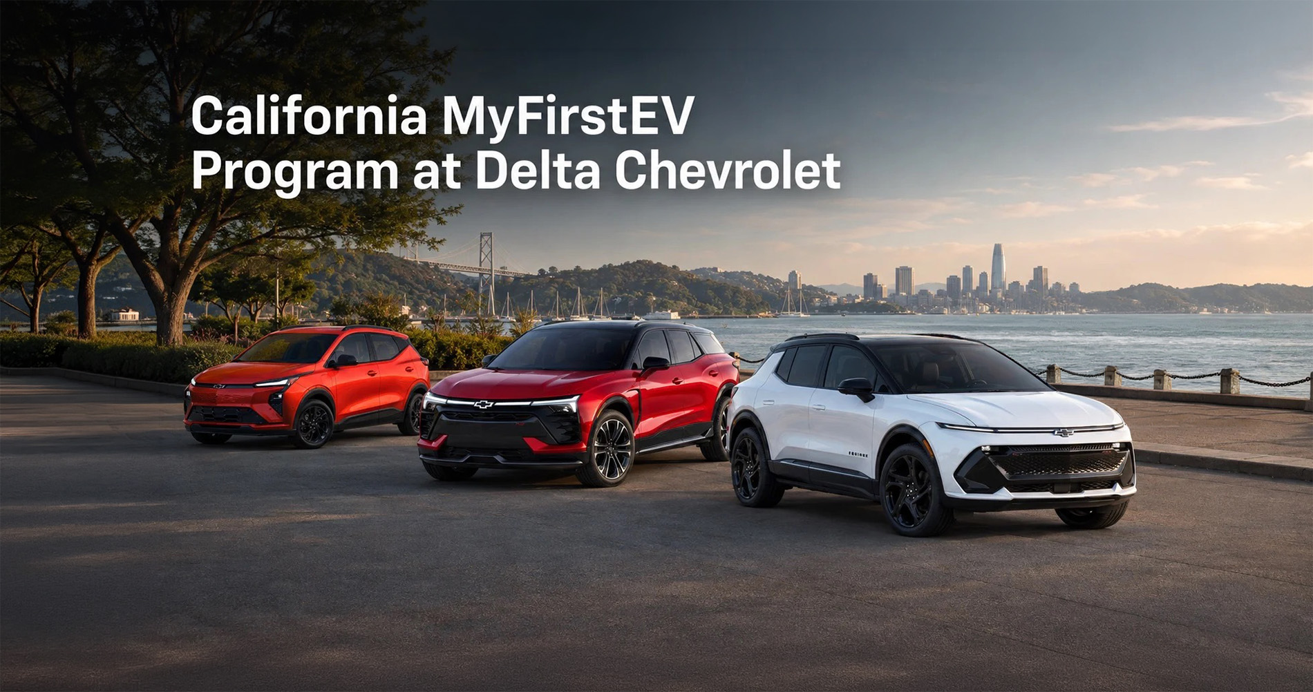 Chevrolet EV crossover models displayed along the Bay Area waterfront for the California MyFirstEV Program at Delta Chevrolet