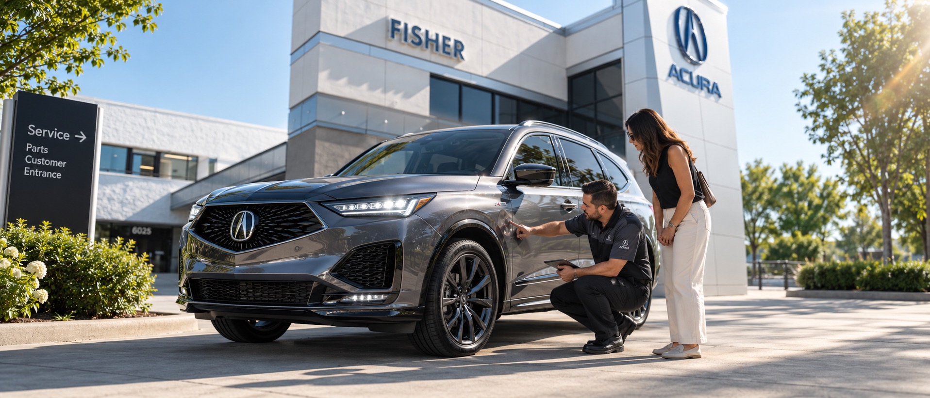 Service technician and customer inspecting a dent on a gray Acura MDX outside Fisher Acura on a clear summer morning with dealership building and sun flare in the background.