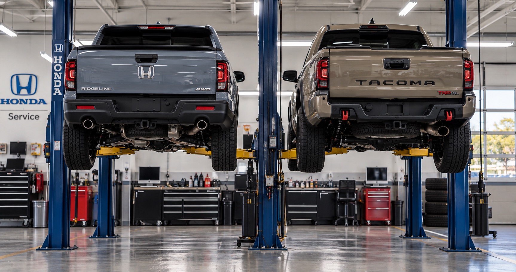Honda Ridgeline and Toyota Tacoma on service lifts in Middletown, NY