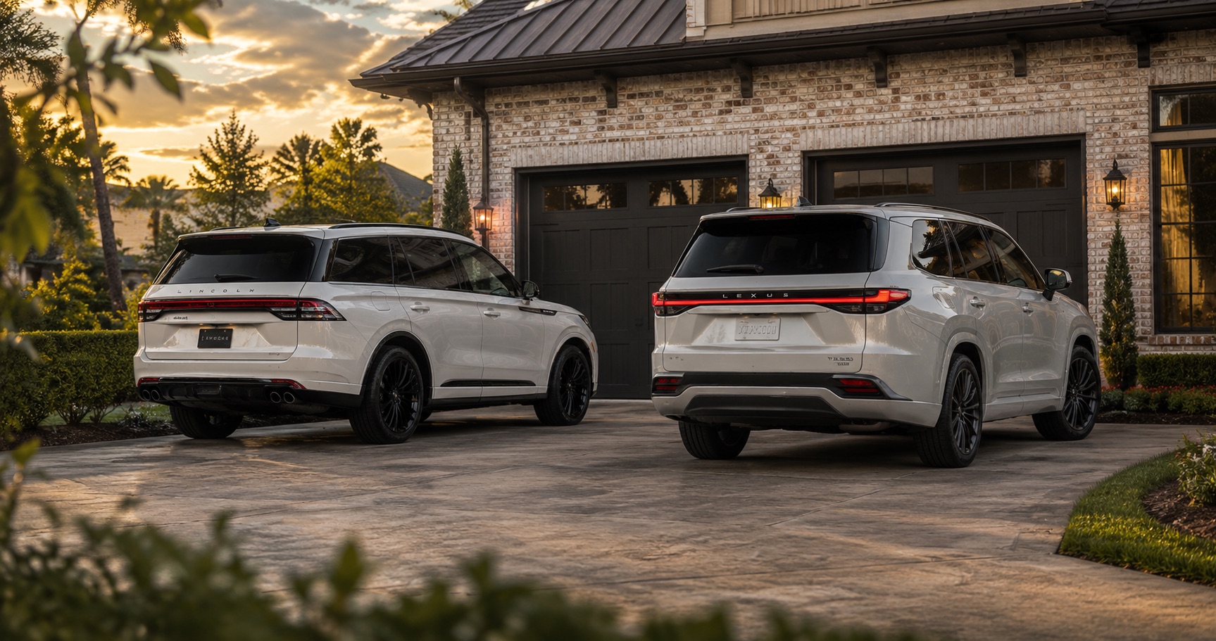 Two white Lincoln and Lexus SUVs parked in a driveway at sunset in front of a brick home with dark garage doors.