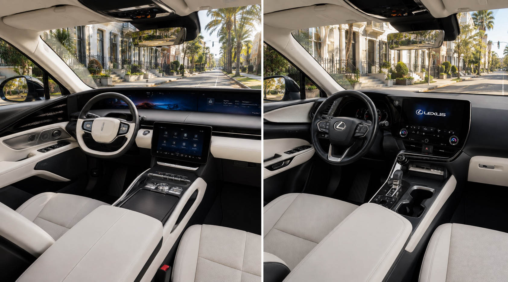 Side by side view of Lincoln and Lexus interiors showing steering wheels and displays with palm trees visible outside.