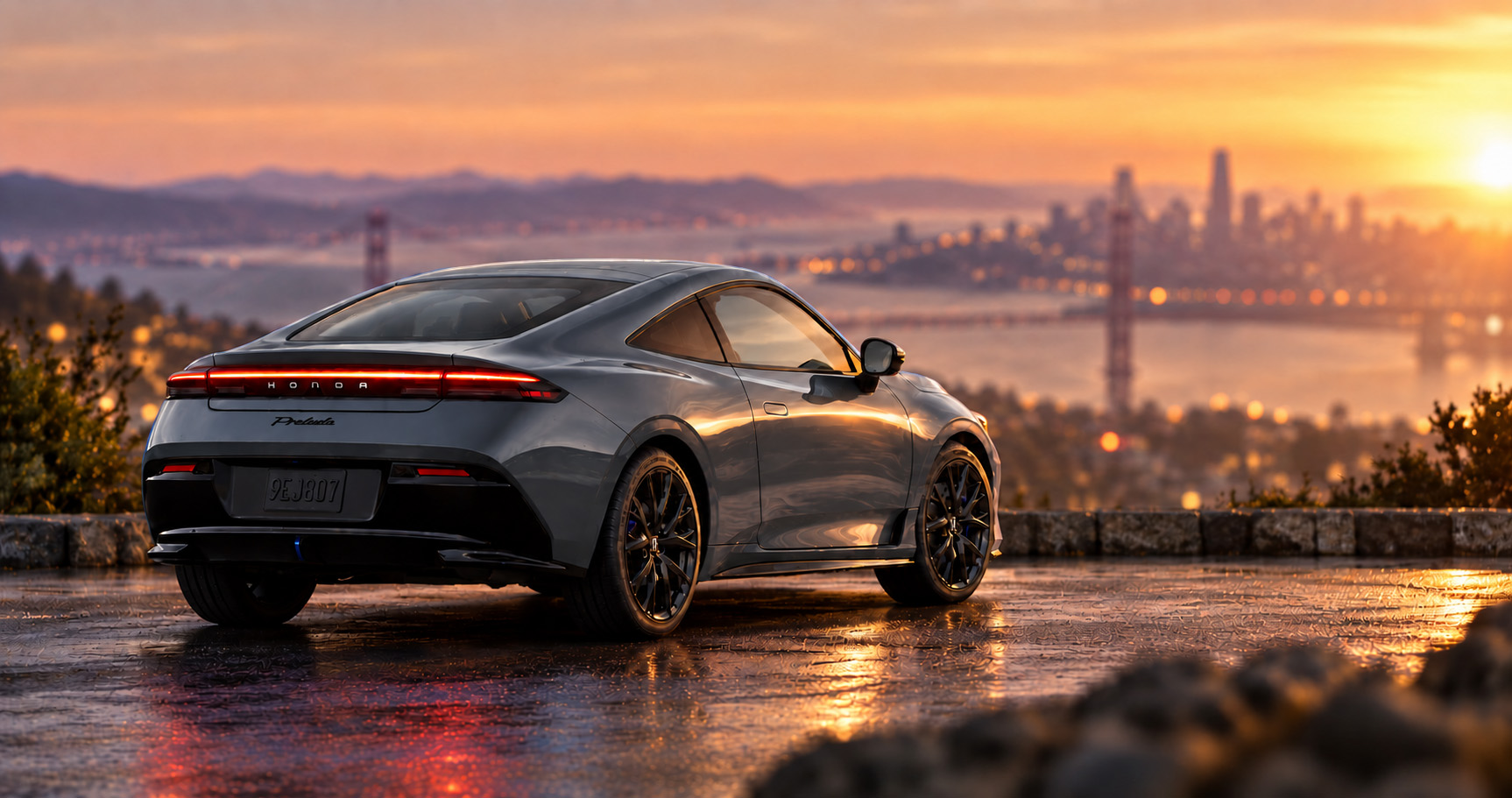 Meteorite Gray Metallic 2027 Honda Prelude overlooking the Bay Area near El Cerrito, CA