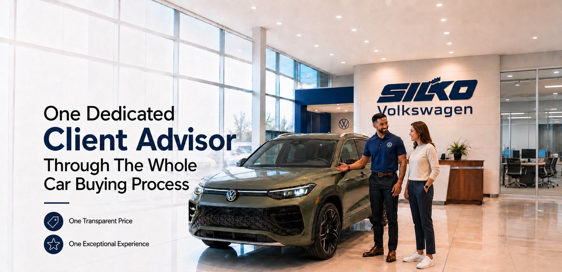 A Silko Volkswagen client advisor speaks with a female buyer beside a Volkswagen SUV in a bright showroom, with a sales office visible through glass.