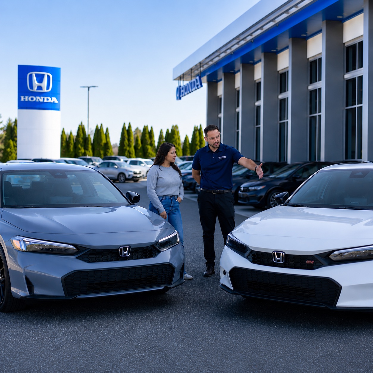 Customer comparing two used Honda vehicles with a Middletown Honda sales consultant