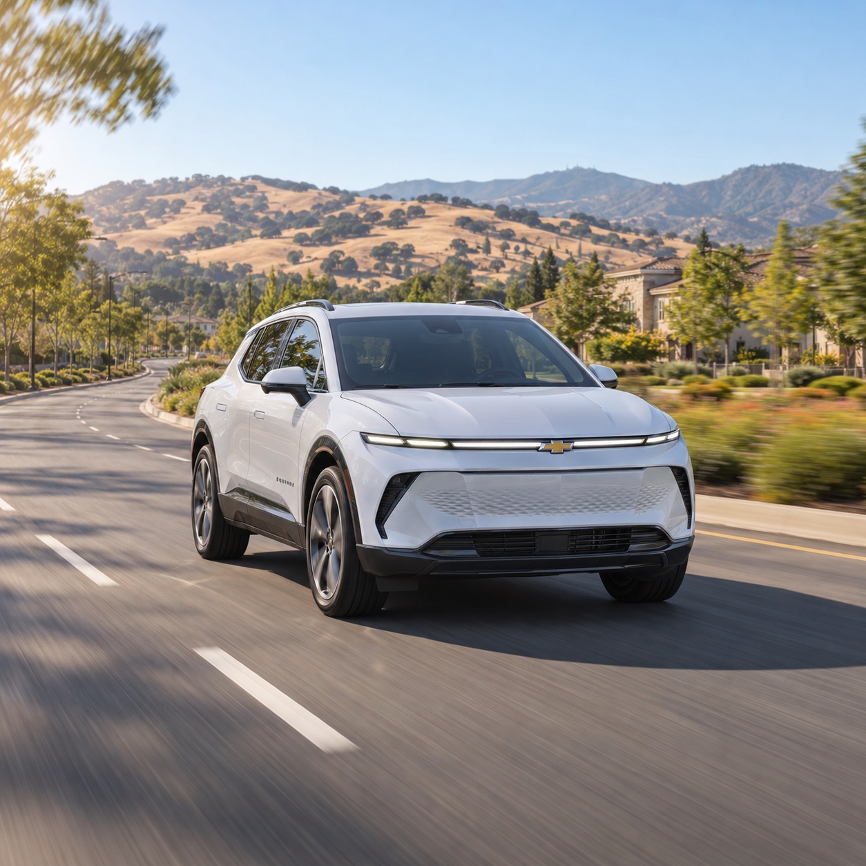 White 2026 Chevrolet Equinox EV driving through Dublin California with the Tri-Valley hills in the background