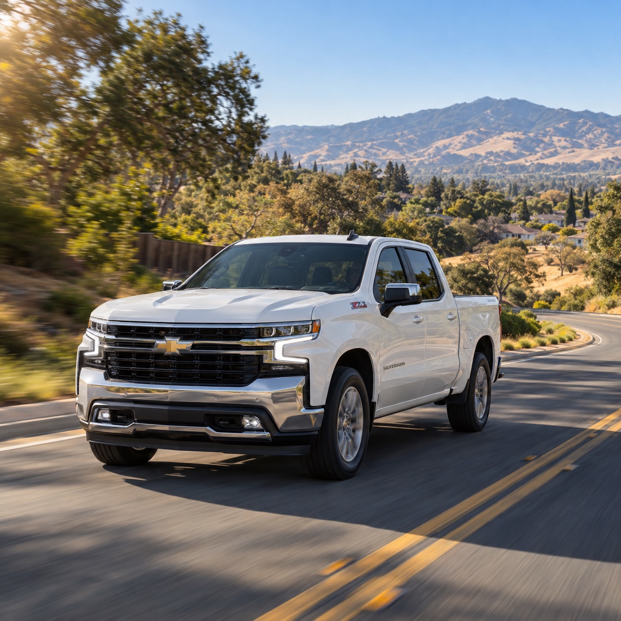 White Chevrolet Silverado 1500 driving through the rolling hills near Concord California