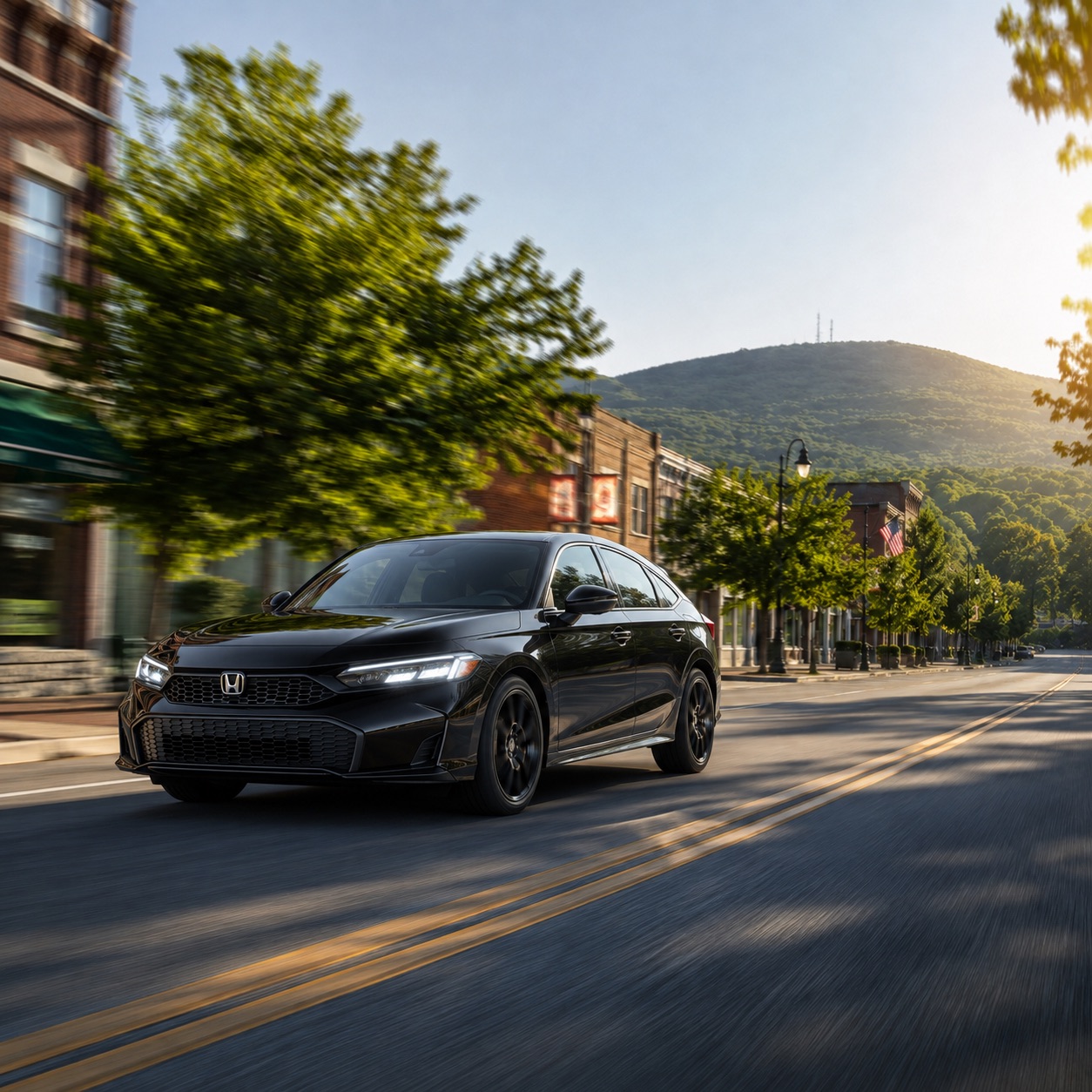 Black 2026 Honda Civic Hatchback Sport Touring Hybrid driving through downtown Beacon, NY, with Mount Beacon rising in the background