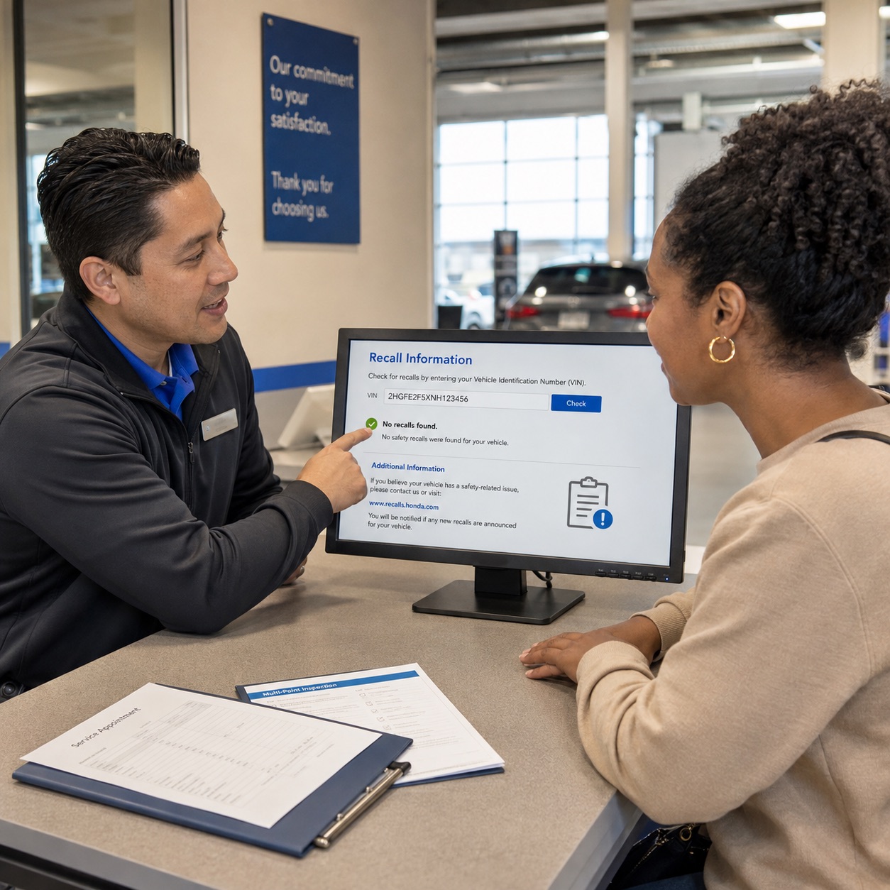 Customer reviewing Honda recall information with a service advisor on a computer monitor