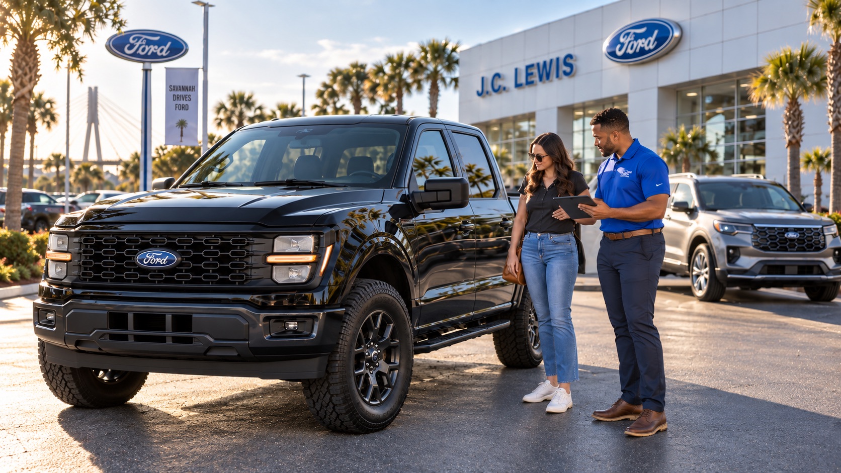 Customer and J.C. Lewis Ford Savannah team member reviewing a black Ford F-150 during a vehicle appraisal and trade-in conversation