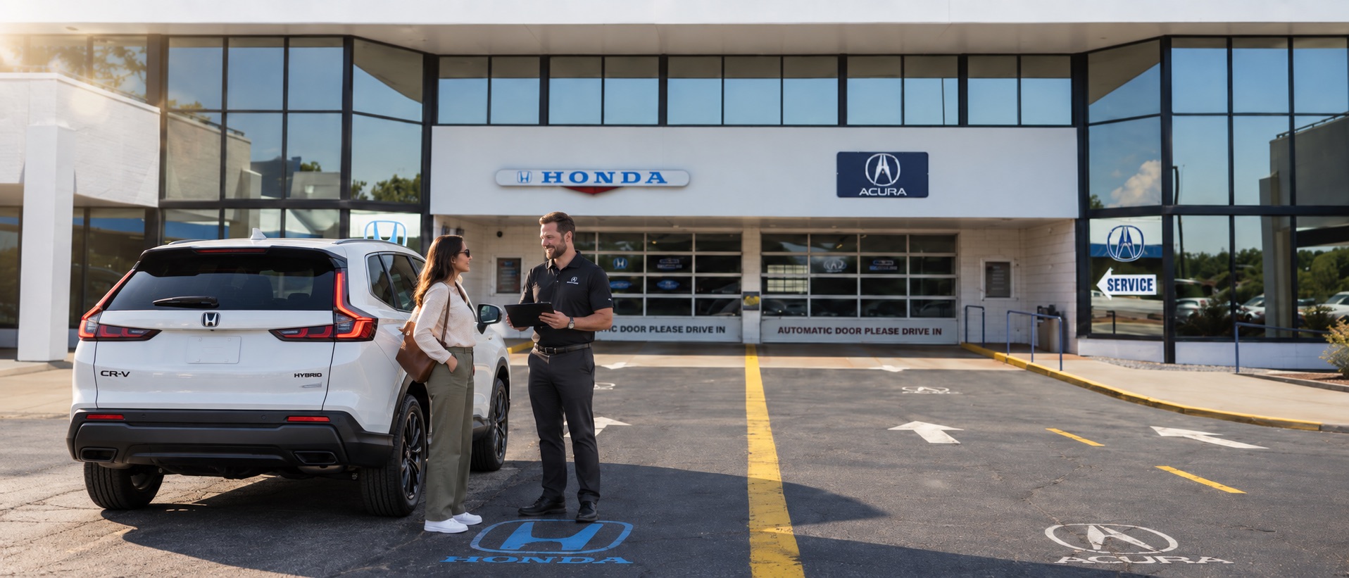 Customer speaking with a Fisher Auto service advisor beside a white Honda CR-V Hybrid at the Fisher Honda and Fisher Acura service entrance in Boulder, Colorado