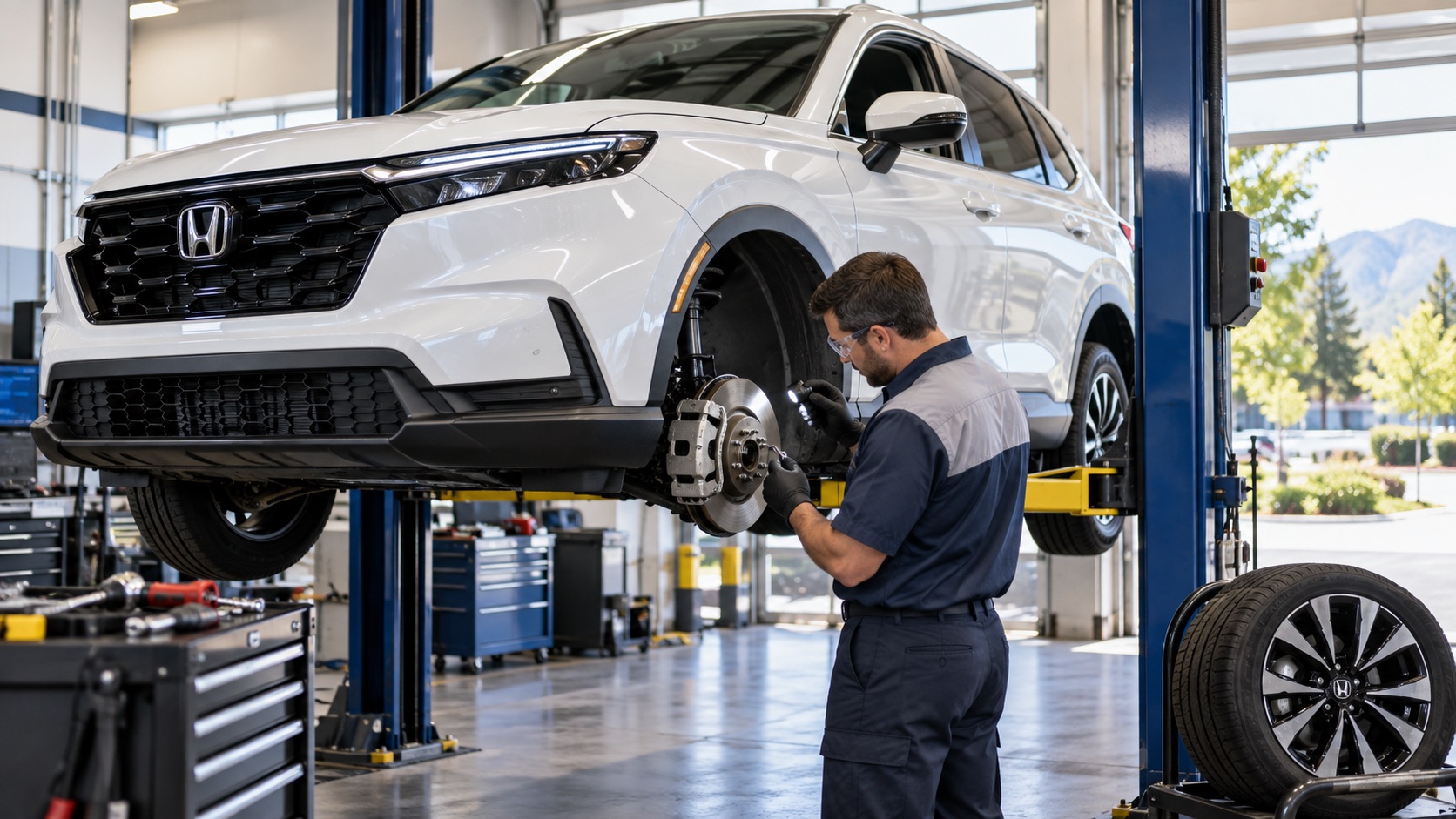 Fisher Auto technician inspecting the exposed front brake rotor and caliper on a white Honda CR-V Hybrid in a Boulder, Colorado service bay
