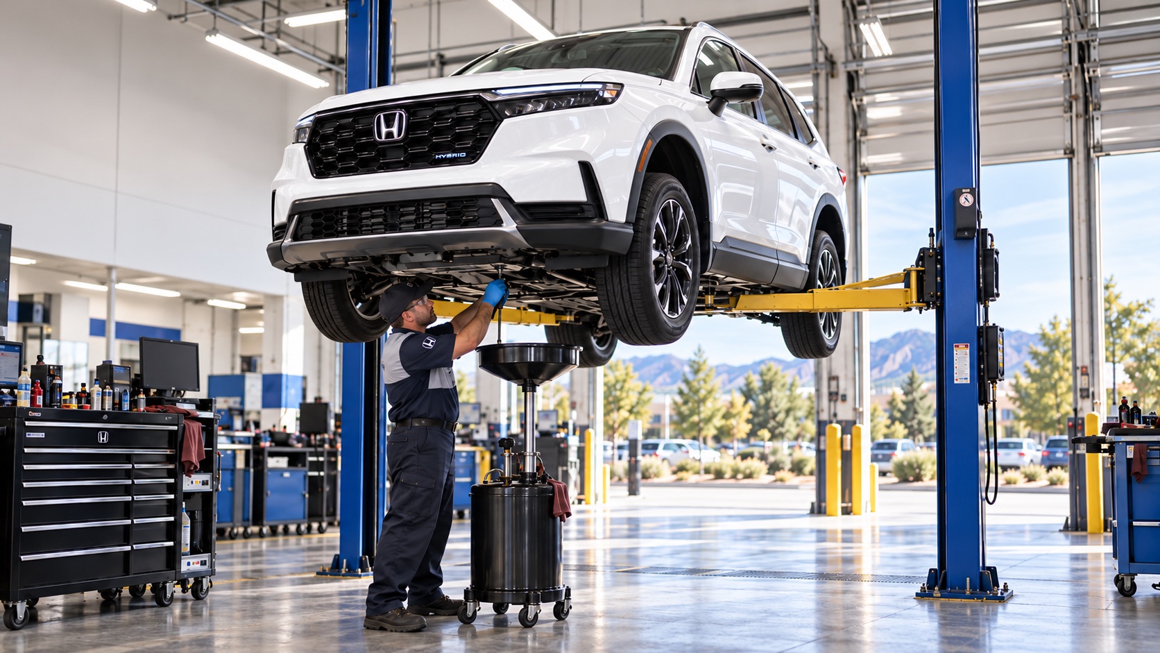 Fisher Auto technician performing an oil change beneath a white Honda CR-V Hybrid in a service bay in Boulder, Colorado