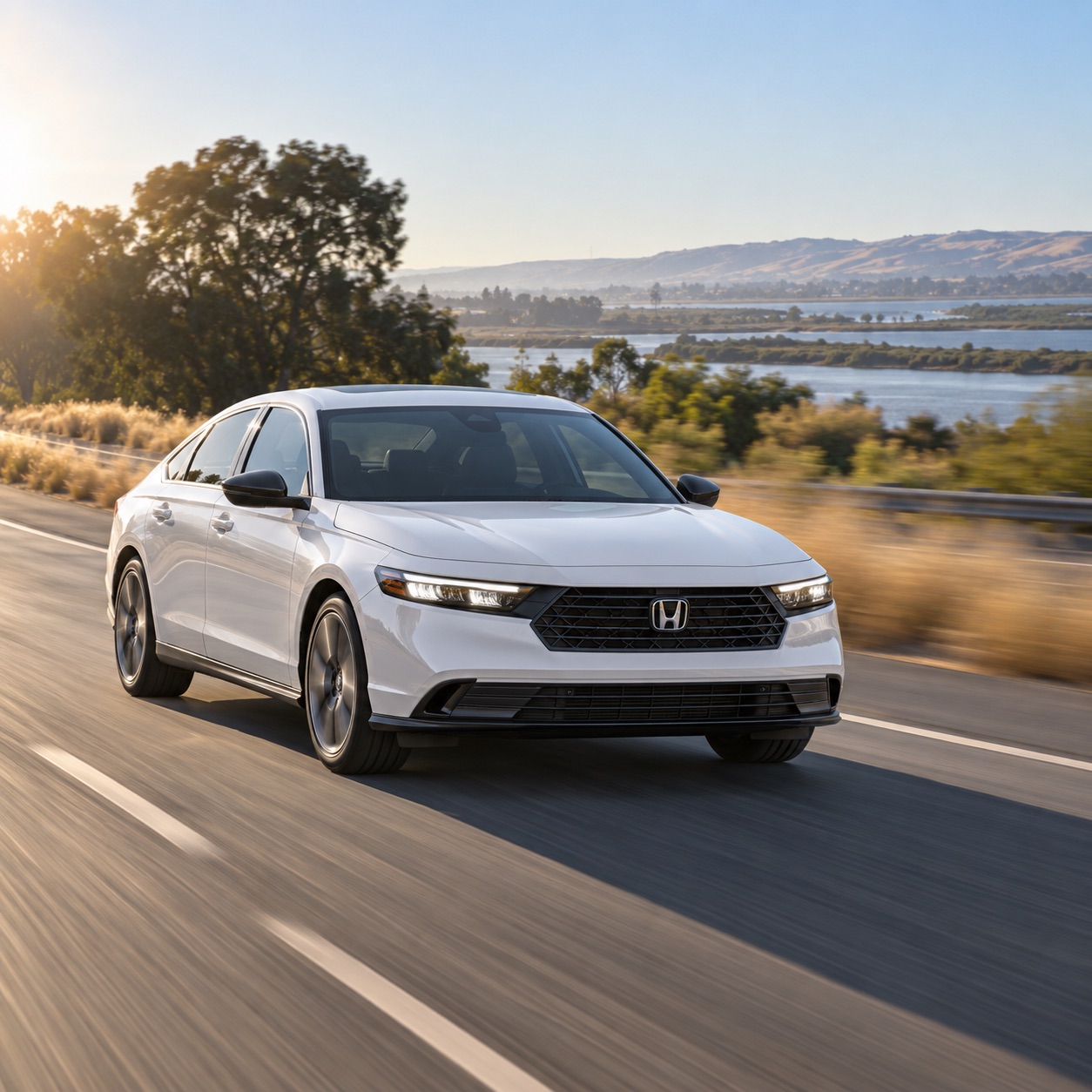 White 2026 Honda Accord driving through a scenic summer road near Pittsburg, California, with Delta waterways and golden East Bay hills in the background.