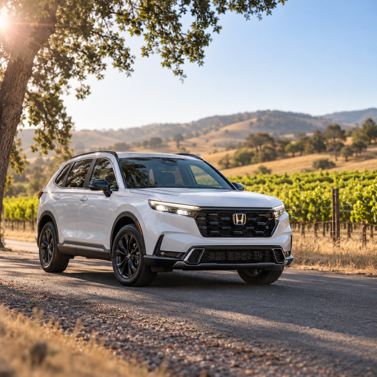 2026 Honda CR-V Sport Touring Hybrid parked along a vineyard road in Suisun Valley near Fairfield, California