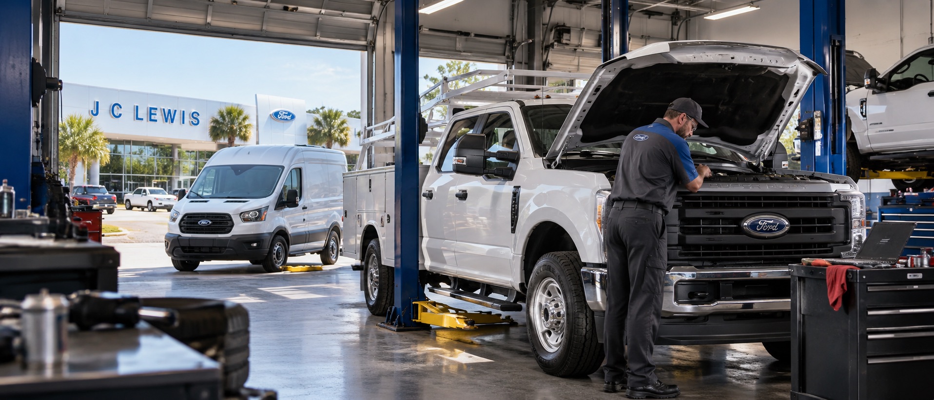 Ford technician servicing a white Super Duty work truck with a Transit van at J.C. Lewis Ford Savannah