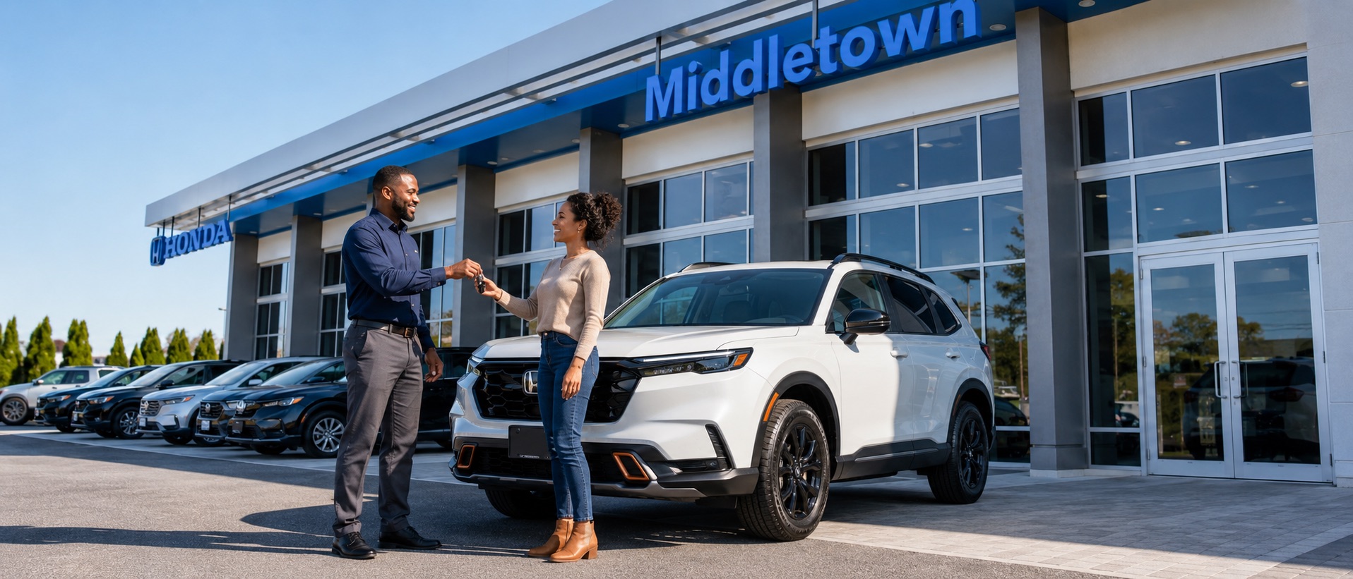 Middletown Honda team member handing vehicle keys to a customer beside a white Honda CR-V TrailSport Hybrid outside the dealership in Middletown, NY