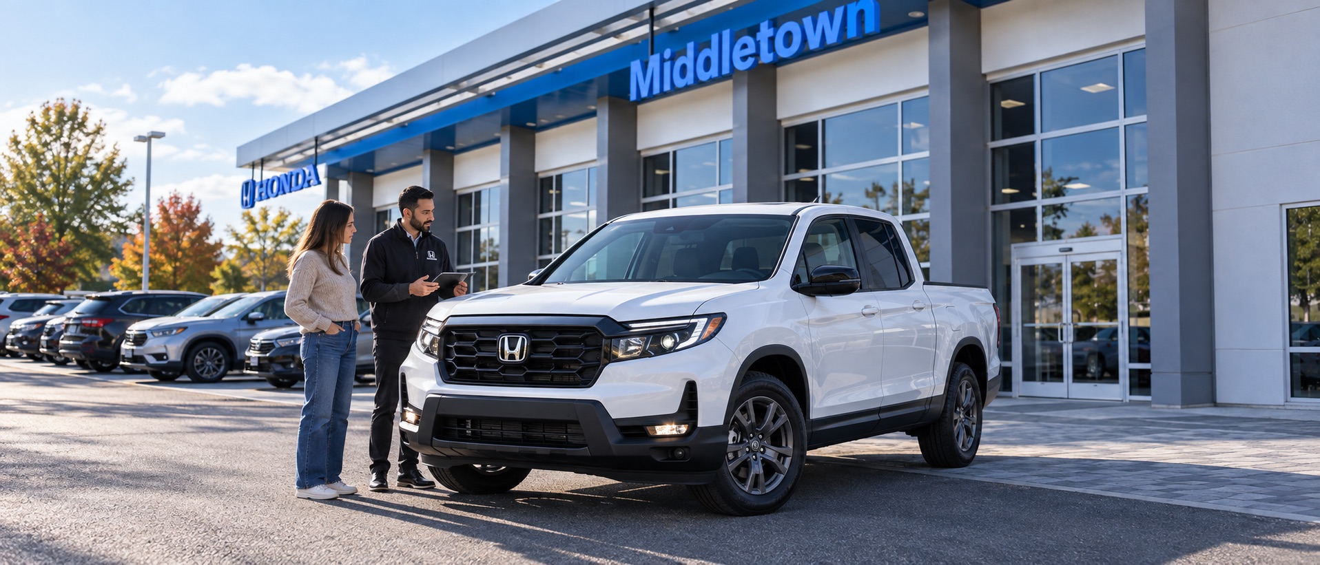 White 2026 Honda Ridgeline outside Middletown Honda with a customer reviewing the truck with a dealership representative.